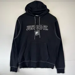 古着 ナイキ NIKE パーカー プルオーバー 大判刺繍デザイン フーディー スポーツ トレーナー スウォッシュ M  ブラック メンズ