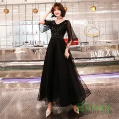 ロングドレス 演奏会 パーティードレス ブラックドレス レディース 結婚式 ドレス ワンピース Vネック ロング丈 発表会 お呼ばれ 二次会 披