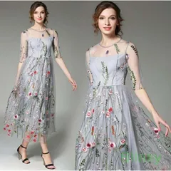 パーティードレス ミモレ丈 花柄刺繍ワンピース　20代 30代 40代　袖あり　パーティードレス レディース 結婚式 ミモレ丈 ワンピース　結婚