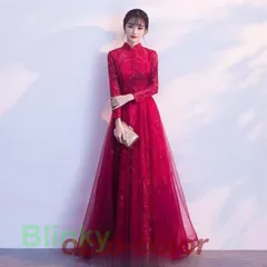 チャイナドレス ロング ワイン赤 スパンコール パーティードレス 華やか イブニングドレス 刺繍 キレイめ 二次会 お呼ばれドレス ゲストド