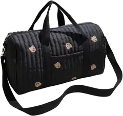 LIMSE totto＆cot マザーズバッグ 大容量 軽量 コットン キルティング風 刺繍入り ママバッグ ボストンバッグ レディース ショルダーバッグ トートバッグ 3way 手提げ 出産準備 (ブラック,  ワンサイズ)