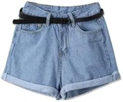 Rodrry Meche　ロドリーミシェ デニム ショート パンツ ロールアップ 脚長 シルエット 着回し 短い ジーンズ 韓国風 レディース ハーフ 女性 丈短い レディス ジーパン 女の子 春 夏 秋 春夏 春秋 (ライトブルー,  XL)