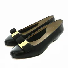 サルヴァトーレフェラガモ Salvatore Ferragamo ヴァラリボン パンプス レザー ラウンドトゥ ローヒール ゴールド金具 4.5 22cm 黒 ブラック /XZ ■GY40