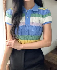 M ポロ ラルフローレン ストライプ ケーブルニット カラーTシャツ