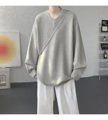 【メンズ】無地 テクスチャード ハートネック ゆったり 長袖 Tシャツ クルーネック ジャージー生地 カジュアル ベーストップ 着回し万能