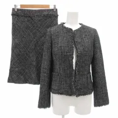 コムサイズム COMME CA ISM セットアップ スーツ ツイード ノーカラージャケット スカート ひざ丈 フリンジ S 黒 ブラック 白 ホワイト /GV