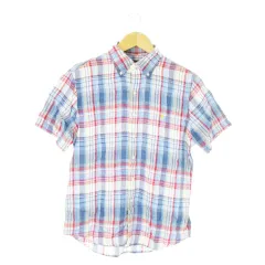 ラルフローレン RALPH LAUREN ボタンダウンシャツ 半袖 麻 リネン チェック 総柄 ポニーロゴ刺繍 S 青 ブルー /AO20 ■GY44