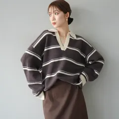 ポロ襟スキッパーボーダーニットプルオーバー アルパカタッチボーダーポロニット ブラウン Lumier リュミエ LIAN 同型