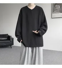 【メンズ】無地 テクスチャード ハートネック ゆったり 長袖 Tシャツ クルーネック ジャージー生地 カジュアル ベーストップ 着回し万能