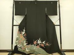 平和屋着物■豪華黒留袖　駒刺繍　流水枝梅文　金彩　正絹　逸品　DABB7023op