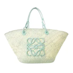 ロエベ LOEWE 美品 アナグラム バスケット 藁 2WAY ショルダー バッグ ロゴ 水色 ライトブルー