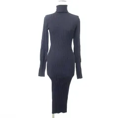 ザラ ZARA リブニット ワンピース ロング 長袖 タートルネック M 黒 ブラック A0109