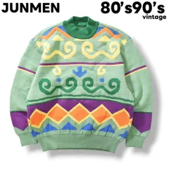 80s90s 日本製 ジュンメン セーター 総柄グリーンxマルチカラー