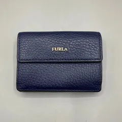 極美品　FURLA フルラ　三つ折り財布　ミニウォレット　コンパクト　ゴールド金具　ロゴ　バビロンS レザー　シボ革　紺　ネイビー