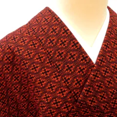 ウール着物 単衣 黒×オレンジ 蜀江文柄 バチ衿 カジュアルきもの 普段着物 仕立て上がり ウールきもの 和洋ミックス 身丈156.2cm