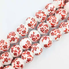 陶器ビーズ 花柄 プリント レッド 約12mm 1連 約16玉 ハンドメイド素材 フラワー 赤 陶磁器 セラミック 和柄 和風素材 和小物 アクセサリーパーツ ビーズクラブ