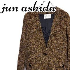 jun ashida ジュンアシダ イエロー×ブラック ツイード ロングジャケット 2B 毛95%×ナイロン5% 毛の内アルパカ30%×モヘア30% 裏地キュプラ サイズ9 M相当 レディース 上質 001382H