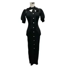 リエンダ rienda ワンピース Vネック パフスリーブ パール装飾 半袖 ロング丈 F 黒 ブラック