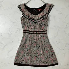 美品 Apuweiser-riche アプワイザーリッシェ 切替 異素材 花柄 裏地付き フリル ギャザー ジップ リボン ノースリーブ ミニ ワンピース ブラウン ピンク イエロー グリーン パープル 1