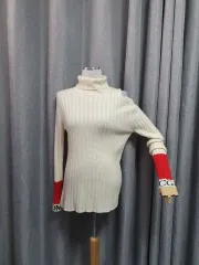 片方オフショルダー タートルネック 袖バイカラー ニット