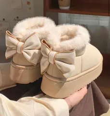 24㎝　ビッグリボン ファー 厚底 ショート ムートンブーツ ボアベージュ①