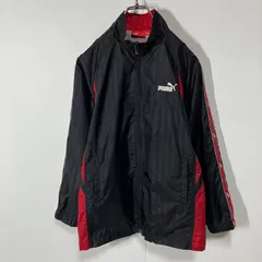 PUMA プーマ ロゴ 刺繍 プリント ストライプ サイドライン 切替 裏地フリース ラグラン フルジップ ナイロン ジャケット ブラック レッド 150
