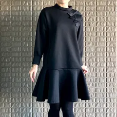 タグ付き M'S GRACY 切り替えしのペプラムドレス フレアワンピース リボンモチーフ 長袖 洗濯可能 ボンディング生地 ブラック フリーサイズ