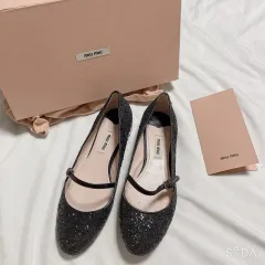 ミュウミュウ ブラック グリッター メリージェーン フラット シューズ 靴