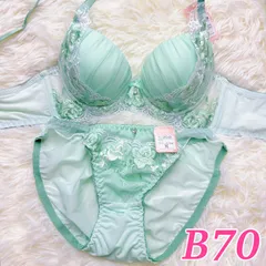 ブラショーツセット B70 レース刺繍 フラワー刺繍 花柄 ビジューリボン  パステルグリーン 可愛い キュート ランジェリー 下着セット フルバック