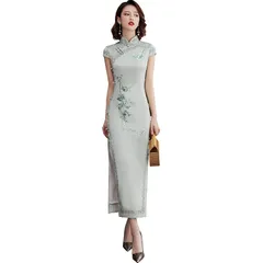 ?衣坊 (古韵) シルク 刺繍 ロング チャイナドレス レース裾 シルエット 中国風 普段着 旗袍 チーパオ ドレス (緑, XXL) 0