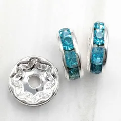 ロンデル 平型 水色 シルバー 10mm 50個 K-054 スペーサービーズ ラインストーン メタルビーズ ブレスレットアクセサリーパーツ ビーズクラブ
