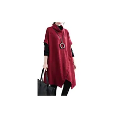 ［エムエルーセ］4色展開 重ね着 アシメデザイン ハイネック チュニック シンプル ゆったり 春 秋 冬 カジュアルドレス 袖あり 個性的 清楚 綺麗め パジャマワンピ Aライン 秋冬 膝下 無地 アシンメトリー 普段着 部屋着 くすみ カラー クラシック 上