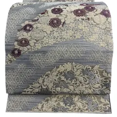 【美品】 袋帯 名品 落款 草木染 貝紫染 菊 花唐草 箔 刺繍 青灰色 全通 正絹 【中古】