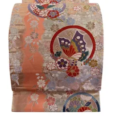 袋帯 秀品 蝶 桜 金銀糸 唐織 サーモンピンク 六通 正絹 【中古】