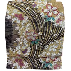 【美品】 袋帯 秀品 振袖向き 桜 花びら 金糸 箔 金色 六通 正絹 【中古】