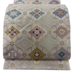 【美品】 袋帯 秀品 瑞宝 花菱 金銀糸 唐織 クリーム 六通 正絹 【中古】