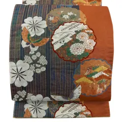 【美品】 袋帯 秀品 雪輪 蝶 金糸 刺繍 オレンジ 六通 正絹 【中古】