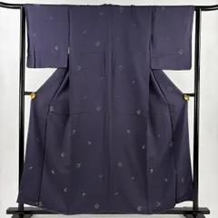小紋 身丈158.5cm 裄丈63.5cm S 袷 草花 鳥 金銀糸 濃紫 正絹 秀品 【中古】