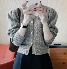 (海外配送)クロップド ケーブル編み パフ カーディガン セーター