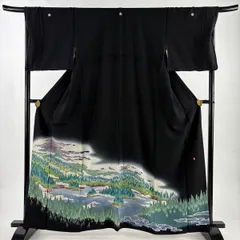 黒留袖 身丈162cm 裄丈68cm L 袷 落款 水辺の風景 樹木 ぼかし 金彩 黒 正絹 秀品 【中古】