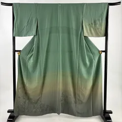 付下げ 身丈161cm 裄丈66.5cm M 袷 草花 ペイズリー 刺繍 金糸 灰緑 正絹 秀品 一つ紋 【中古】