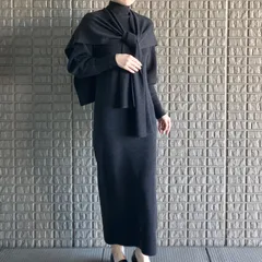 l’heritage martinique ショール付きロングニットワンピース ハイネック マキシ丈 バルーンスリーブ ストレッチニット 長袖 チャコールグレー マルティニーク メルローズ フリーサイズ