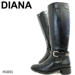 ダイアナ　ロングブーツ　ラウンドトゥ　ローヒール　ベルトチェーン　黒　22.5