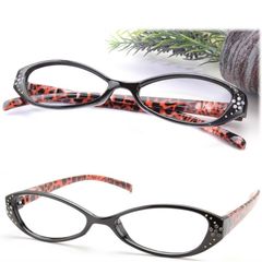 Elegant reading glasses in oval and square shapes with animal prints. Cute, wide, spring hinges, popular plastic construction, lightweight, decorative glass parts, new for women. +1.0, +1.5, +2.0, +2.5, +3.0, +3.5, +4.5. 205152-L8
