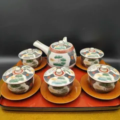 九谷焼 陶秀 青粒 松竹梅 煎茶器揃 手描き 急須 蓋付き碗 茶托 盆 ゴールド盆無し 箱無し S354