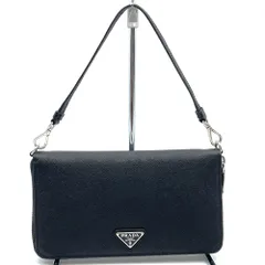 【お値下げしました！】美品 PRADA プラダ 2ML051 RFID サフィアーノ トライアングル ドキュメントホルダー オーガナイザー ストラップ付 ハンドバッグ 長財布 ブラック レディース メンズ ファッション USED