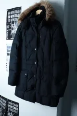 W(XS-S) POLO RALPH LAUREN ポロラルフローレン ダウン アウター ジャケット ダックダウン ブラック ロング ファー -16CA7