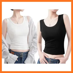 【新品】 [Pneito] タンクトップ レディース おしゃれ 3サイズ リブ インナー レディース ブラ紐隠し キャミソール 脇下隠し・胸元隠し 重ね着 通気性 伸縮性 部屋着 夏 7色 (ブラック+ホワイト, L) 0