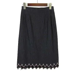 コルディア CORDIER スカート シャンブレー デニム 刺繍 フリンジ ミモレ丈 ストレッチ L 40 黒 ブラック 白 ホワイト 茶 ブラウン
