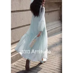 シフォンワンピース レトロスリーブブルー 透け感シースルー 長袖 ロング丈 お呼ばれ 　ロングワンピース ワンピおしゃれ かわいい 韓国 きれいめ